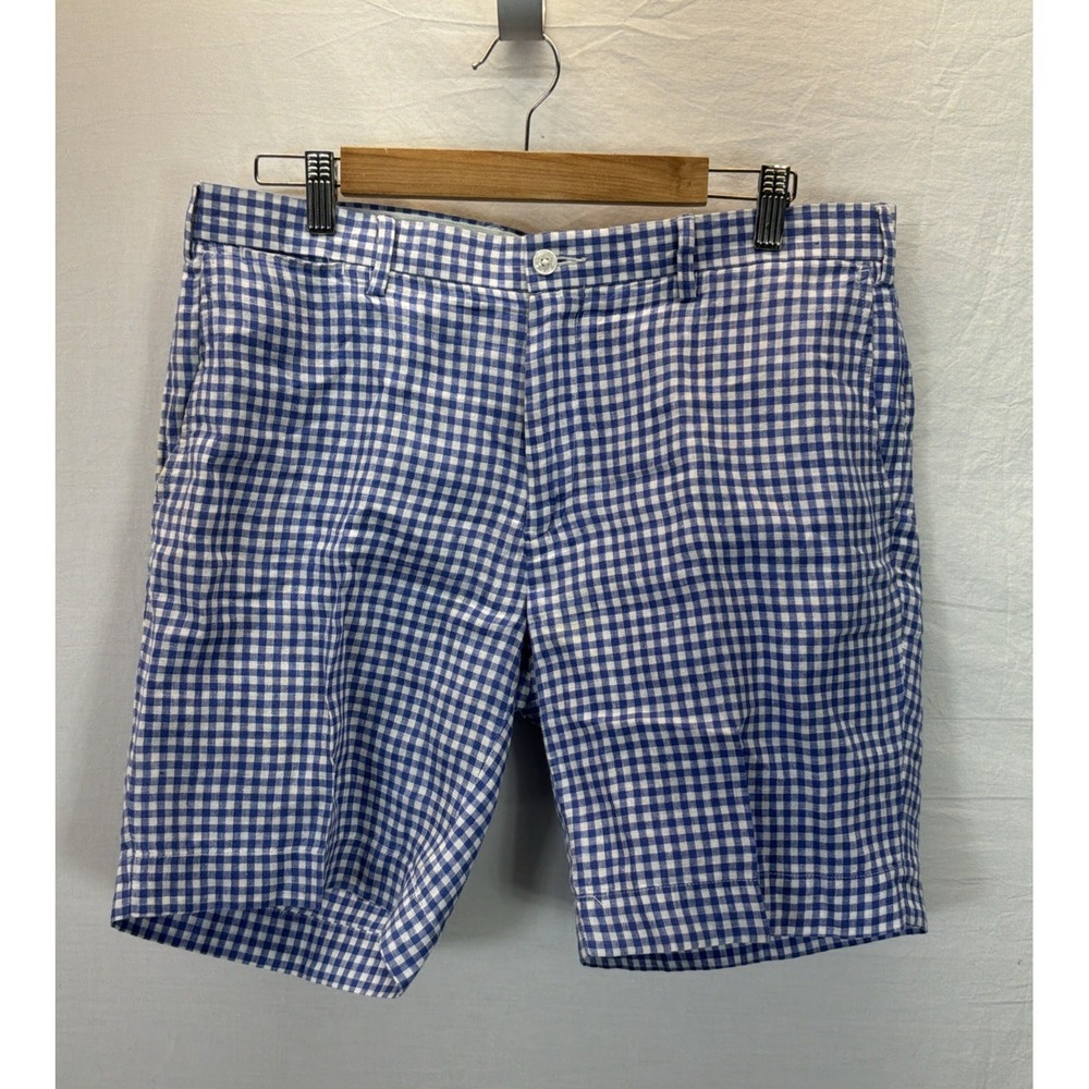 Polo Ralph Lauren Shorts Mens 34 100% Linen Gingham Straight Fit Blue White